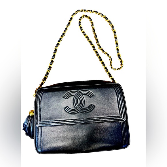 Chanel Triple Stitch Fringe Leather Crossbody Camera Bag Vintage 90s 24K Gold - Picture 1 of 10